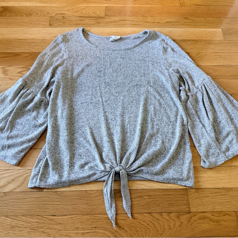 Caution To The Wind Light Gray Tie-Front Blouse